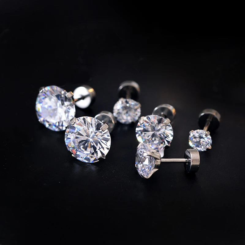 Stainless Steel Crystal Screw Back Stud Flat Earrings