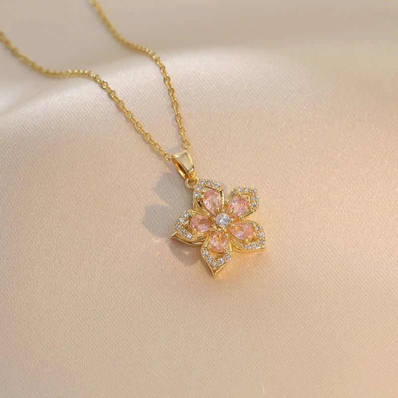 Gold Stainless Steel Rotatable Flower CZ Pendant Necklace