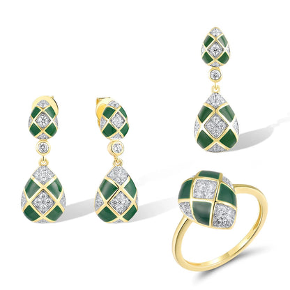 925 Sterling Silver Green Checkered Set