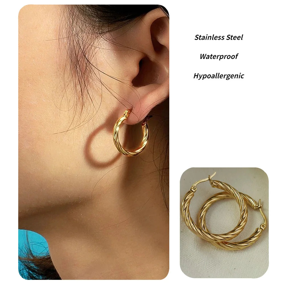 Gold Or Silver Stainless Steel Twist Hoop Earrings