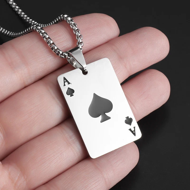 Stainless Steel Ace of Hearts Ace of Spades Playing Cards Pendant Necklace for Men and Women Fashionable Hip Hop Jewelry