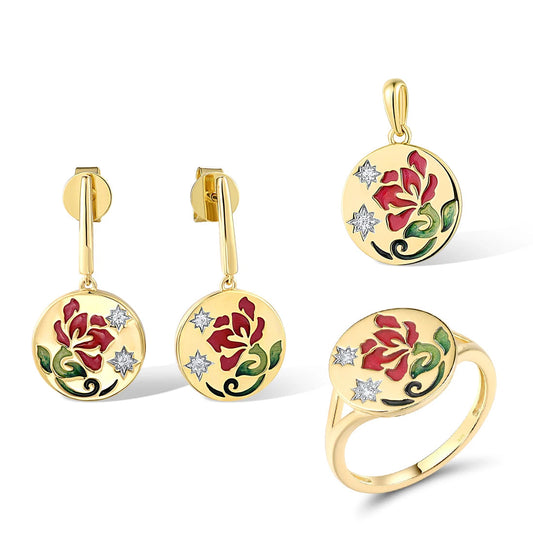 925 Sterling Silver Rose Enamel Print Set