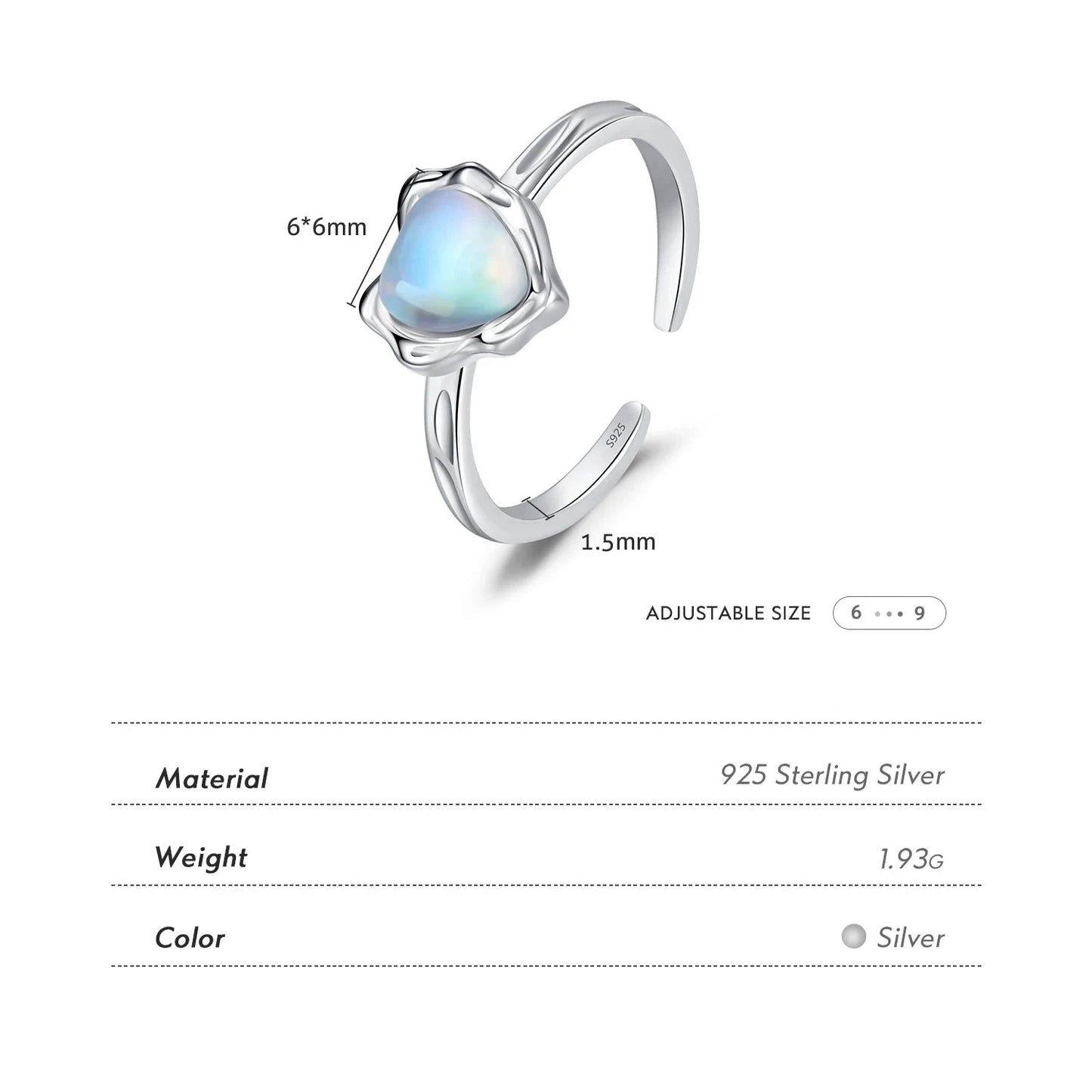 925 Sterling Silver Moonstone Adjustable Ring