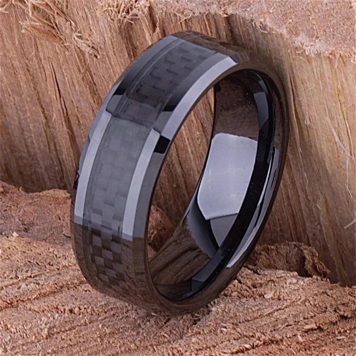 8MM Stainless Steel Rings Inlaid Black Carbon Fiber