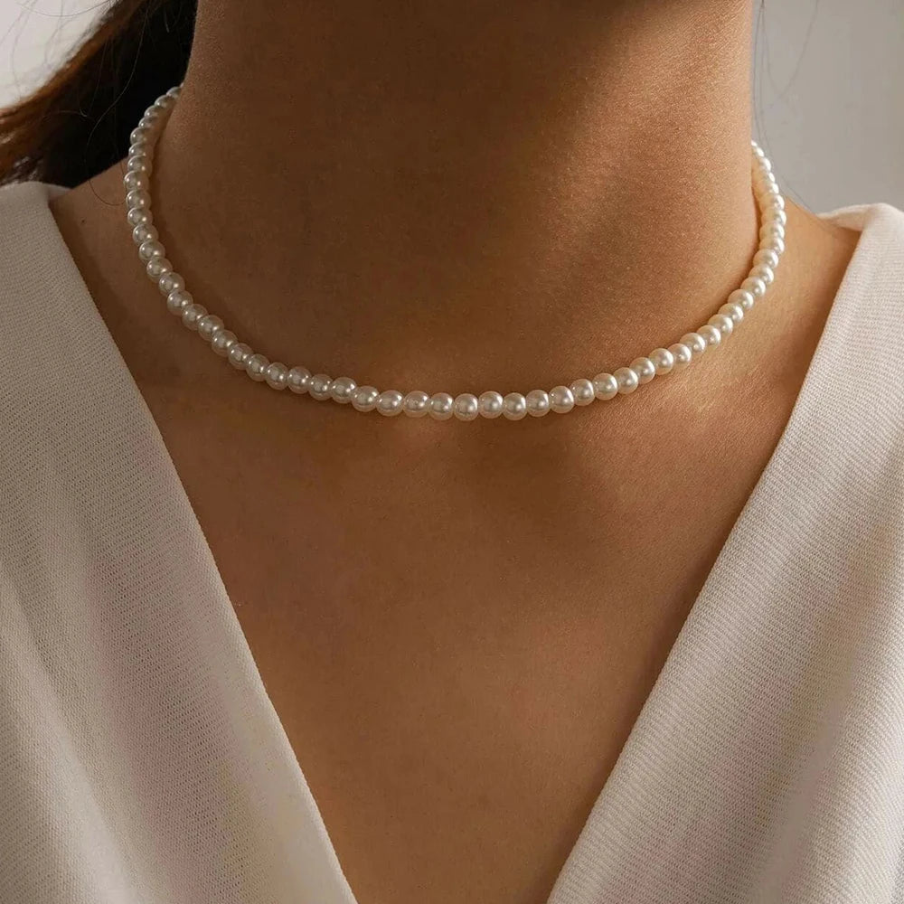 White Pearl Stainless Steel Necklaces 3-8mm