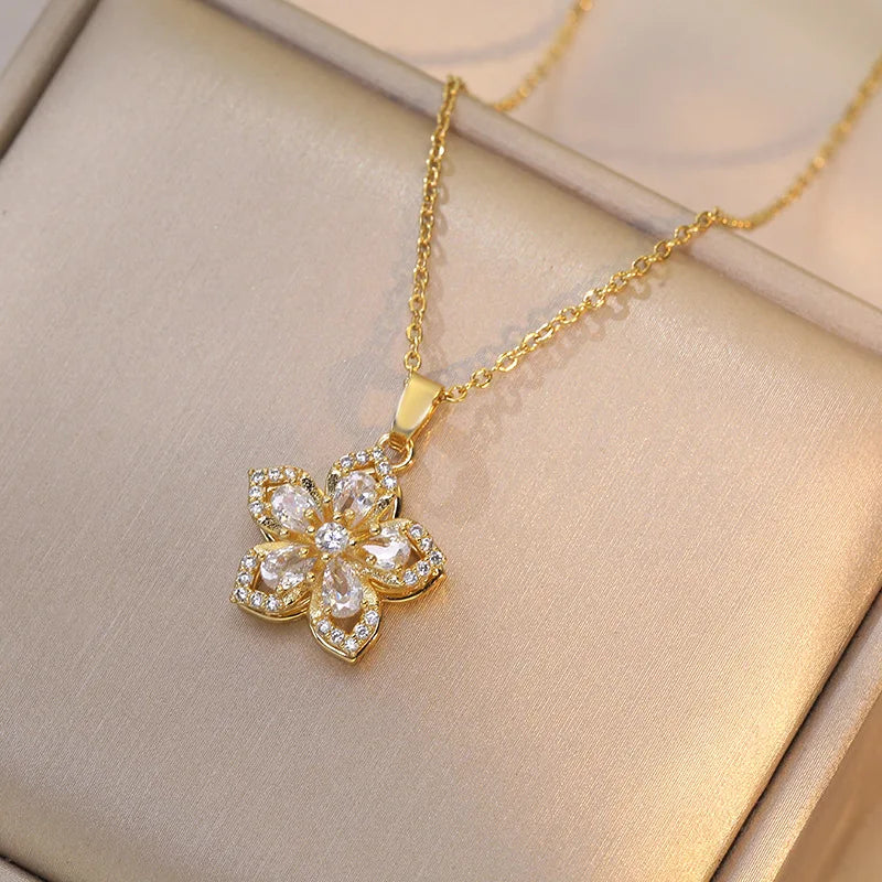 Gold Stainless Steel Rotatable Flower CZ Pendant Necklace