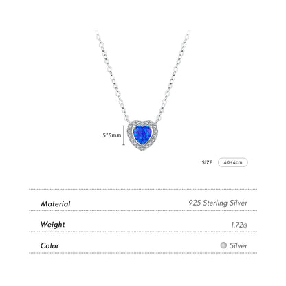 925 Sterling Silver Blue "Opal" Heart Pendant Necklace