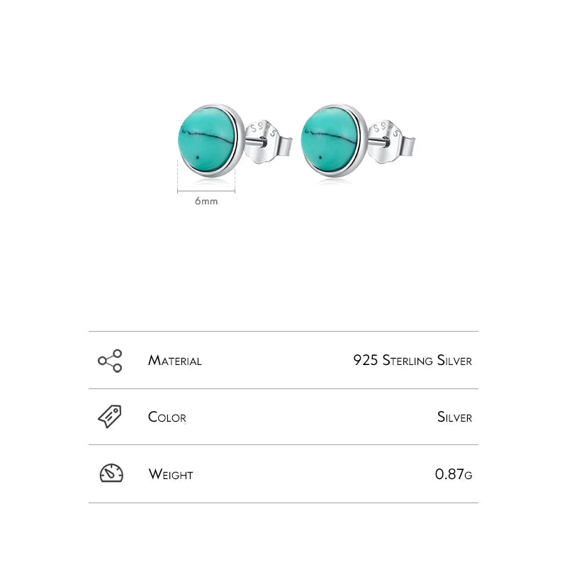 925 Sterling Silver Green Round Turquoise 4MM 5MM 6MM Stud Earrings