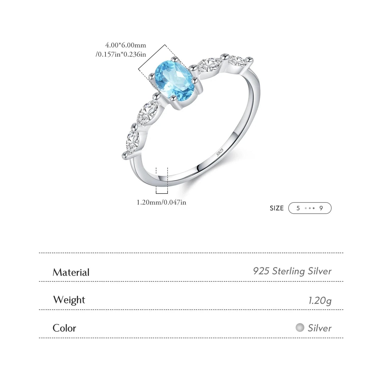 925 Sterling Silver Sea Blue Oval CZ Ring