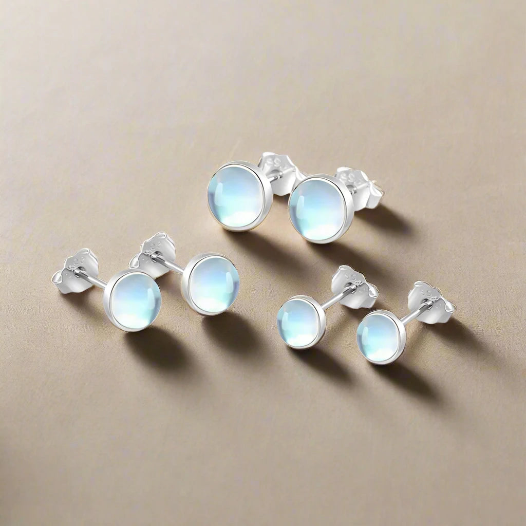 925 Sterling Silver Round Exquisite Moonstone 4 5 6 MM Stud Earrings Platinum Plated