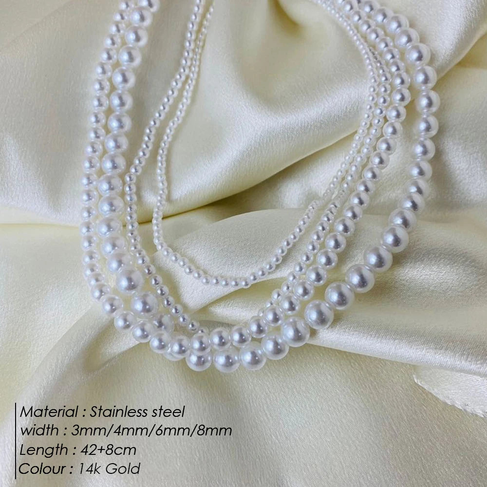 White Pearl Stainless Steel Necklaces 3-8mm