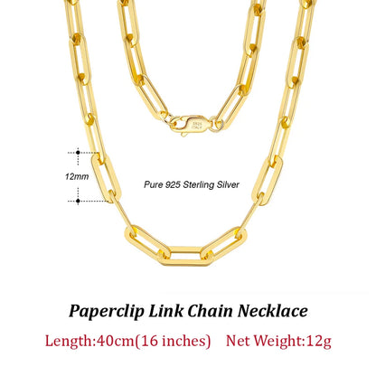 Gold or 925 Sterling Silver Paperclip Chain 6/9.3/12mm