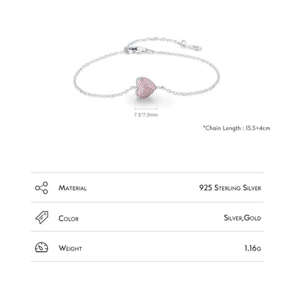 925 Sterling Silver Light Pink Heart Bracelet