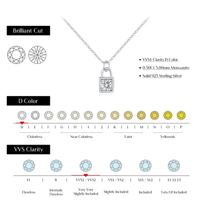 0.5 Carat D Color Moissanite Lock Pendant Necklace 925 Sterling Silver