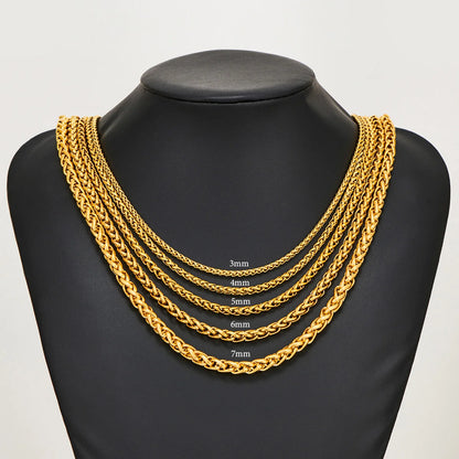 3-7mm Wheat Braided Gold Stainless Steel Chain