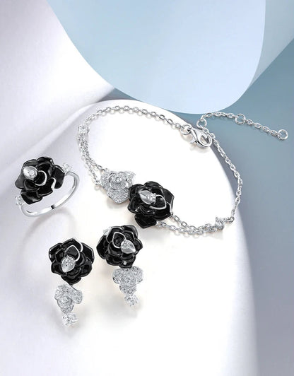 925 Sterling Silver Black Flower Set