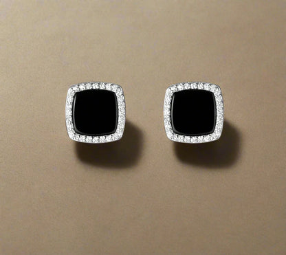 925 Sterling Silver Black Crystal Square Stud Earrings