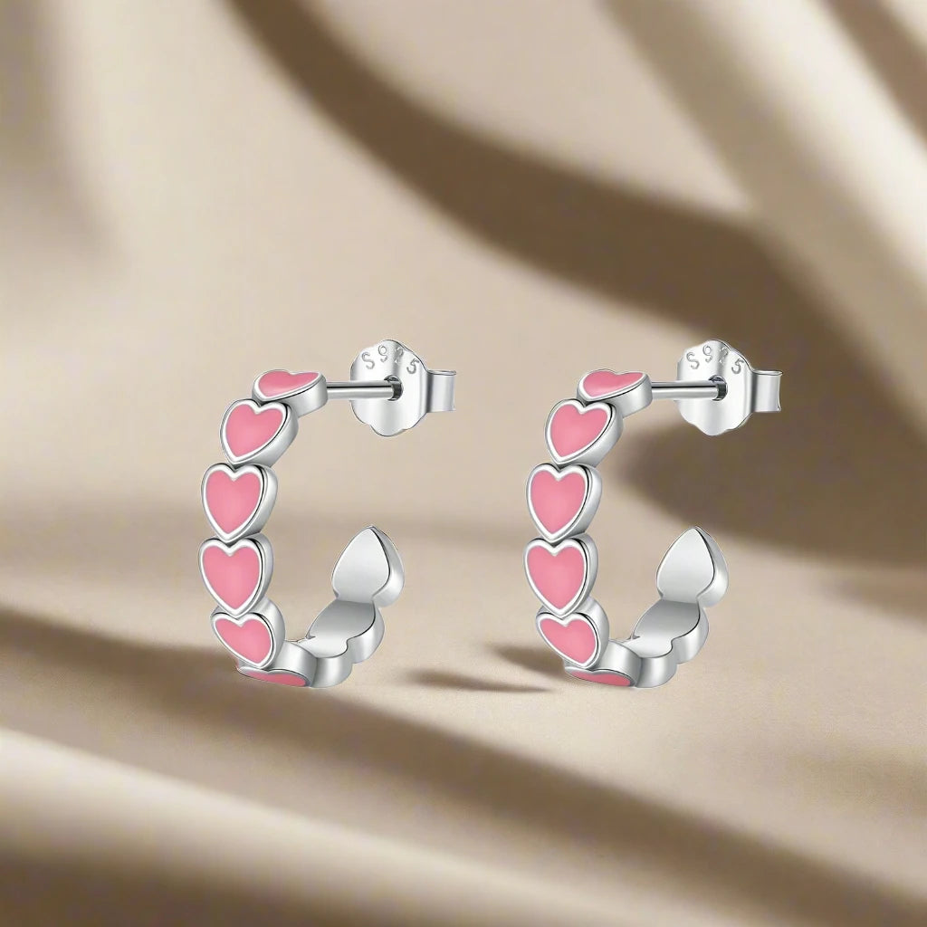 925 Sterling Silver Hearts C Shape Stud Earrings