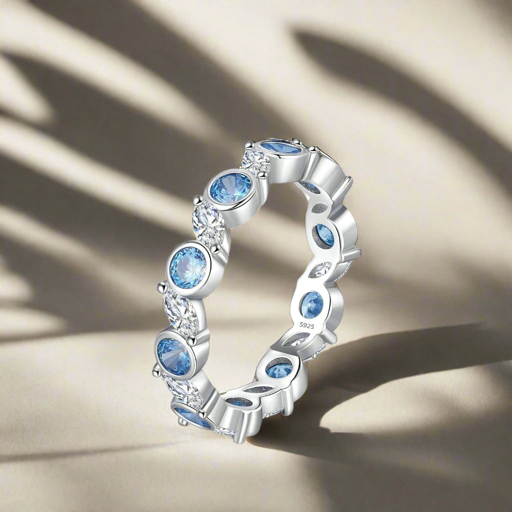 925 Sterling Silver Ocean Blue CZ Full Eternity Ring