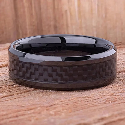 8MM Stainless Steel Rings Inlaid Black Carbon Fiber