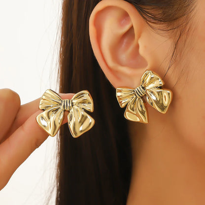 Stainless Steel Metal Ribbon Bow Stud Earrings