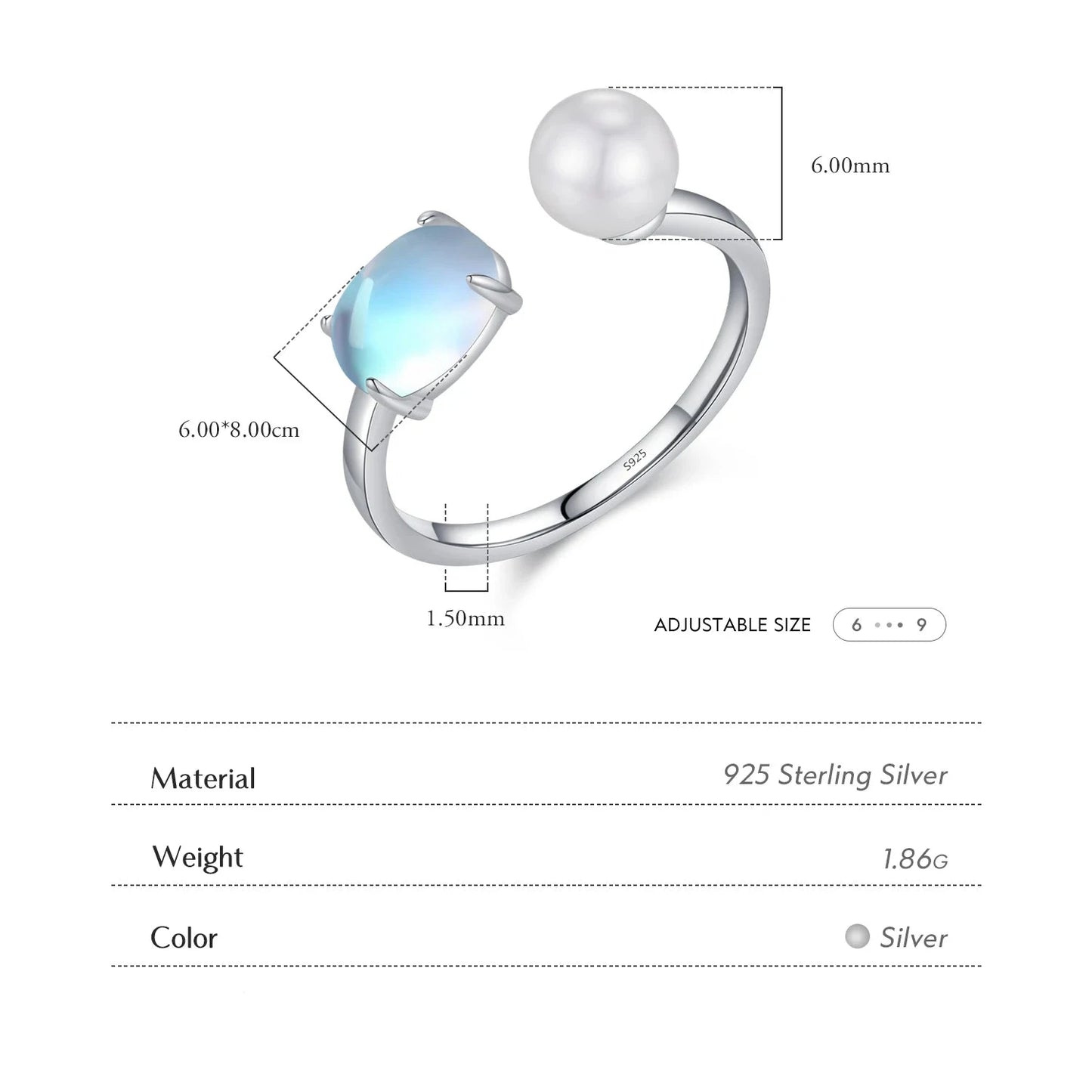 925 Sterling Silver Moonstone, Pearl Adjustable Ring