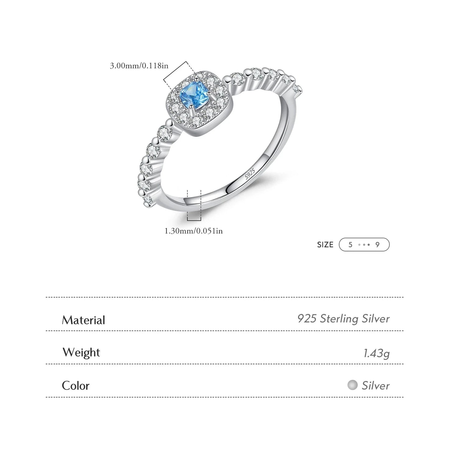 925 Sterling Silver Classic Square Blue Zirconia