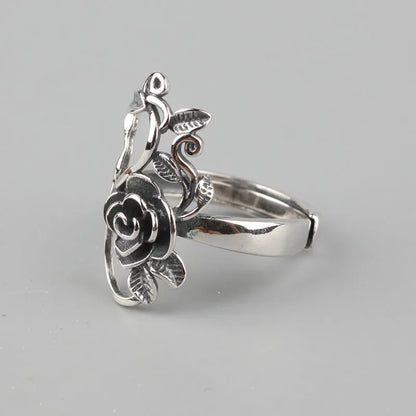 925 Sterling Silver Branches Rose Flowers Ring Adjustable