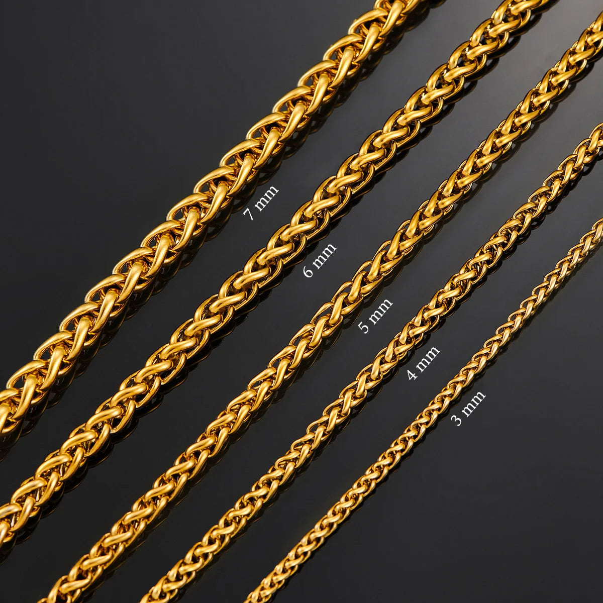 3-7mm Wheat Braided Gold Stainless Steel Chain