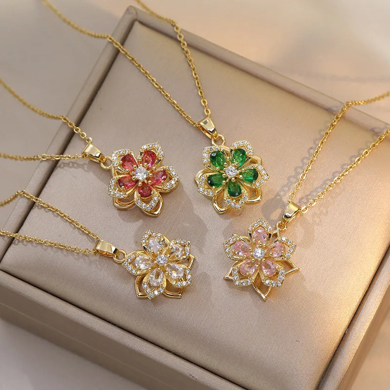 Gold Stainless Steel Rotatable Flower CZ Pendant Necklace