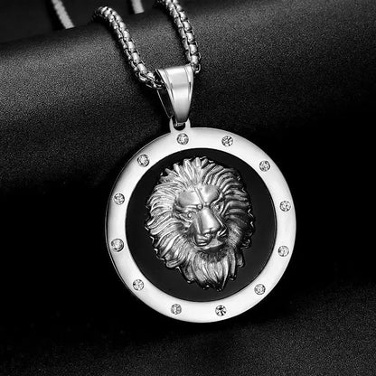 Fashion Domineering Lion Head Round Medal Pendant Necklace Inlaid Zircon Men's Hip Hop Trend Party Jewelry