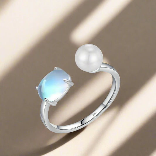 925 Sterling Silver Moonstone, Pearl Adjustable Ring