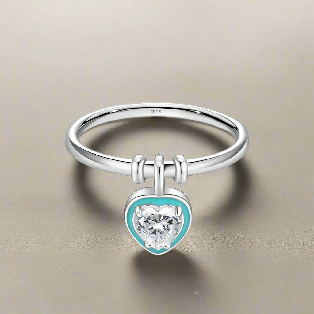 925 Sterling Silver Green Enamel Heart Charm Ring