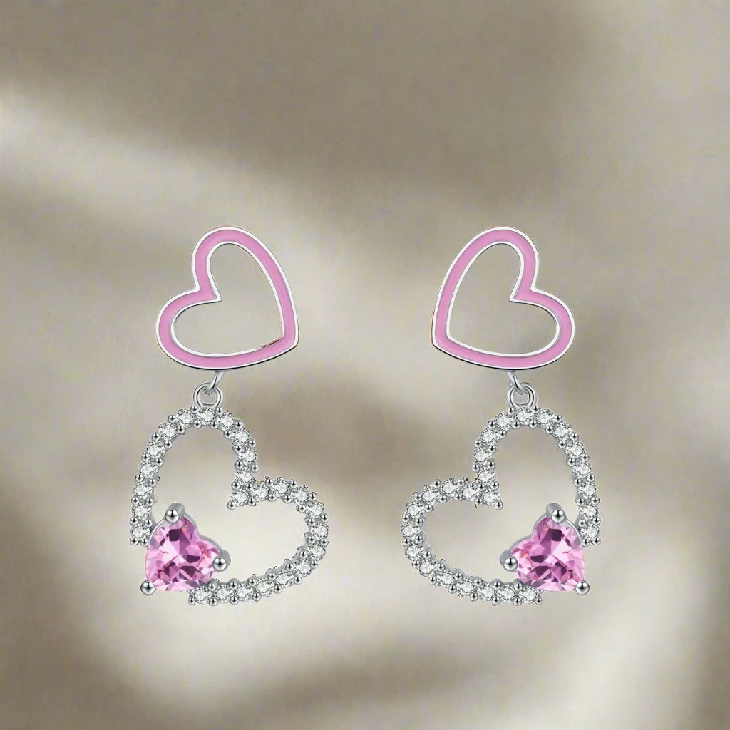 925 Sterling Silver Fashion Pink CZ Double Heart Earrings