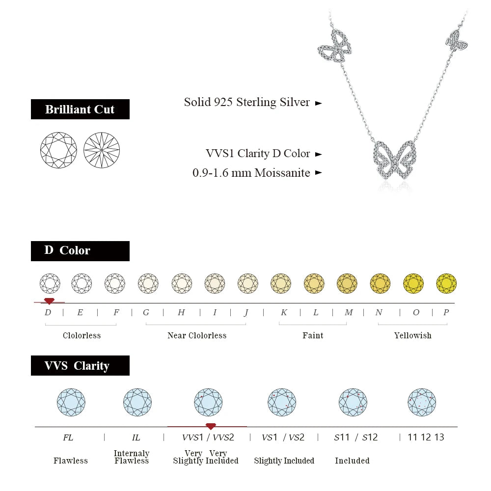 Butterfly Moissanite Necklace Chain Round Cut 1.6mm 925 Sterling Silver