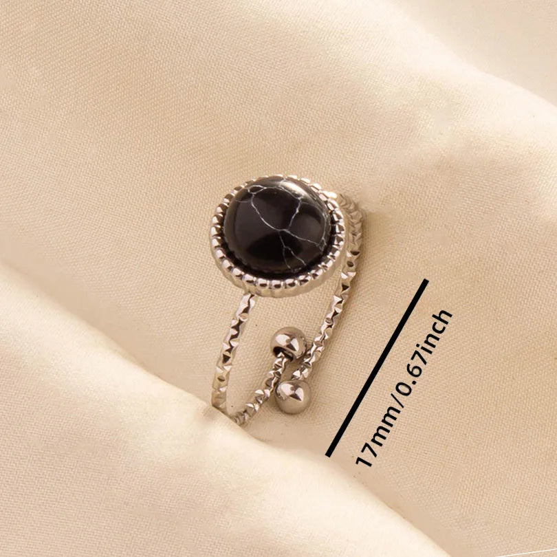 Stainless Steel Black Stone Silver Color Adjustable Rings