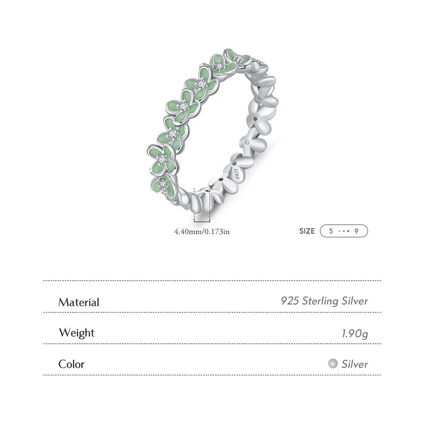 925 Sterling Silver Green Flowers Band