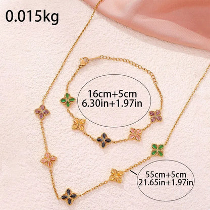 Stainless CZ Four-leaf Necklace/Bracelet Set