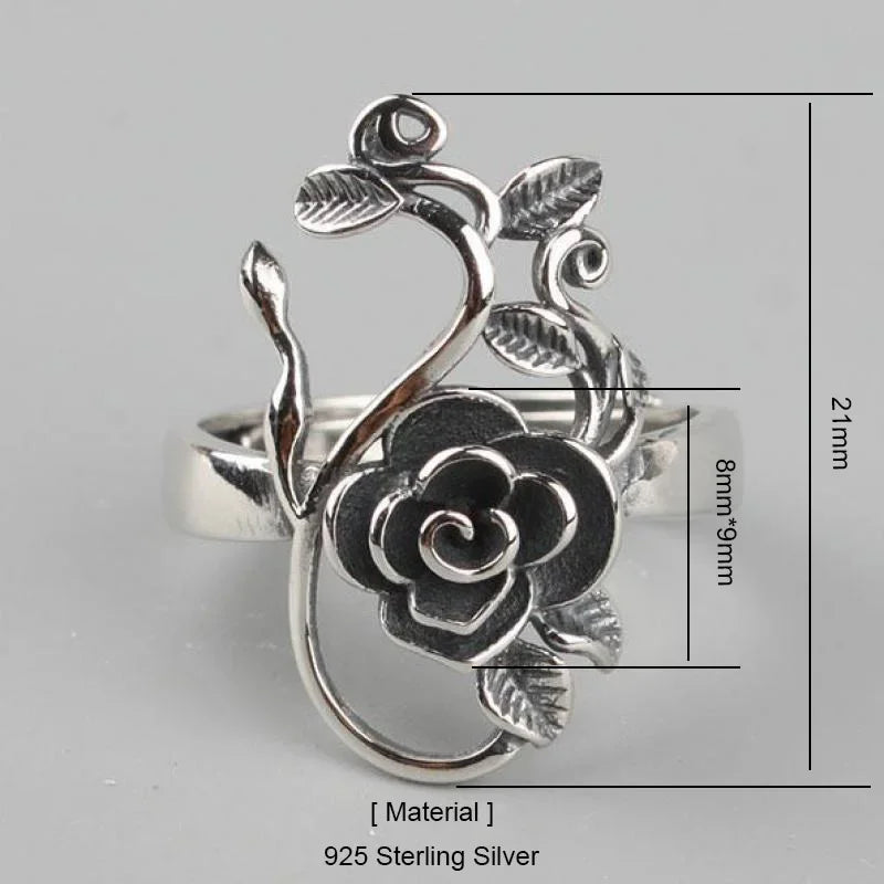 925 Sterling Silver Branches Rose Flowers Ring Adjustable