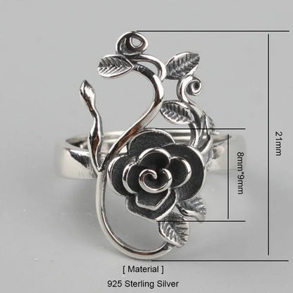 925 Sterling Silver Branches Rose Flowers Ring Adjustable