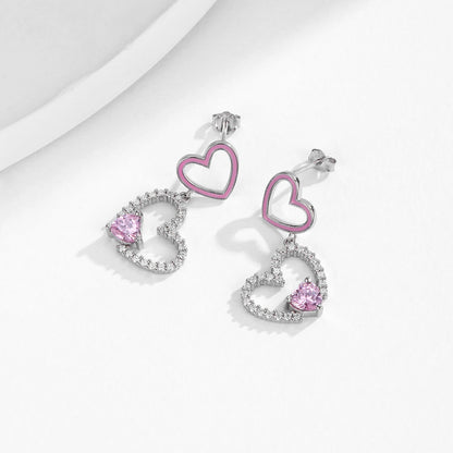 925 Sterling Silver Fashion Pink CZ Double Heart Earrings