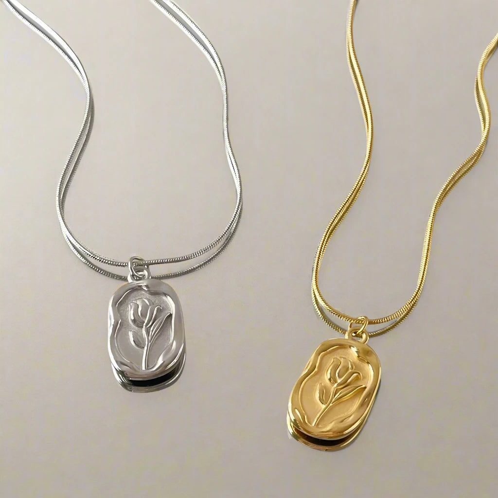 Rose Pendant Necklace, Snake Chain