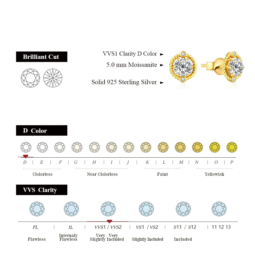 D Color Moissanite Earrings Real 925 Sterling Silver (3 Color Choice)