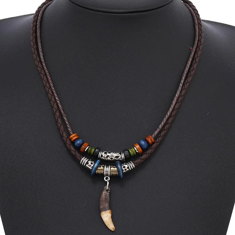 Fashion Men Women's Goth Multi-layer Vintage Wolf Tooth Pendant Leather Beaded Weaved Prayer Necklace Fashion Jewelry Necklaces