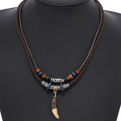 Fashion Men Women's Goth Multi-layer Vintage Wolf Tooth Pendant Leather Beaded Weaved Prayer Necklace Fashion Jewelry Necklaces