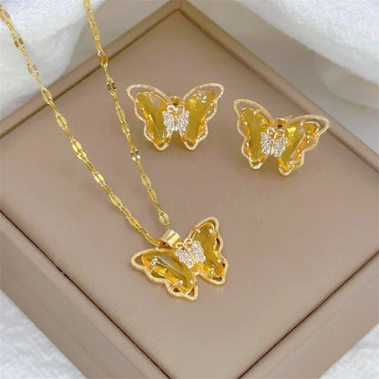 Stainless Butterfly Earrings & Pendant Necklace Set (6 Colors)