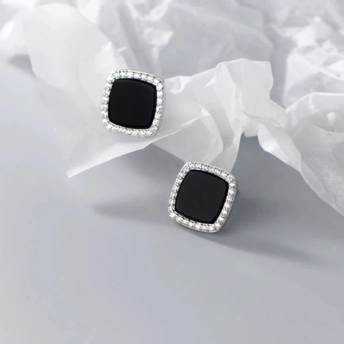 925 Sterling Silver Black Crystal Square Stud Earrings