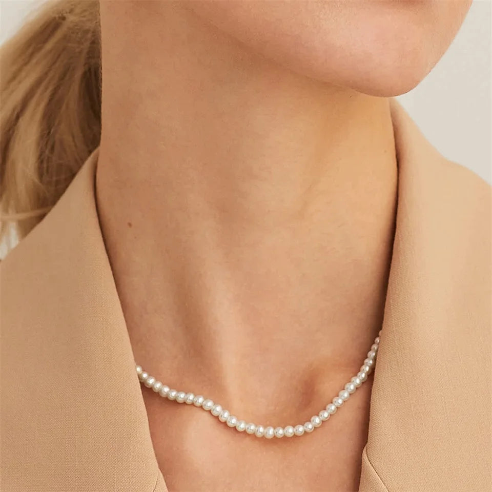 White Pearl Stainless Steel Necklaces 3-8mm