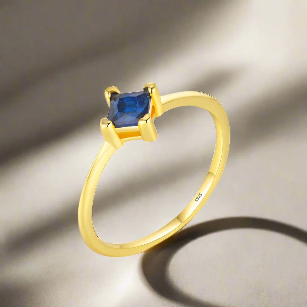 925 Sterling Silver Simple Square Royal Blue CZ Ring