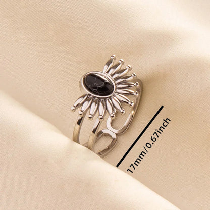 Stainless Steel Black Stone Silver Color Adjustable Rings